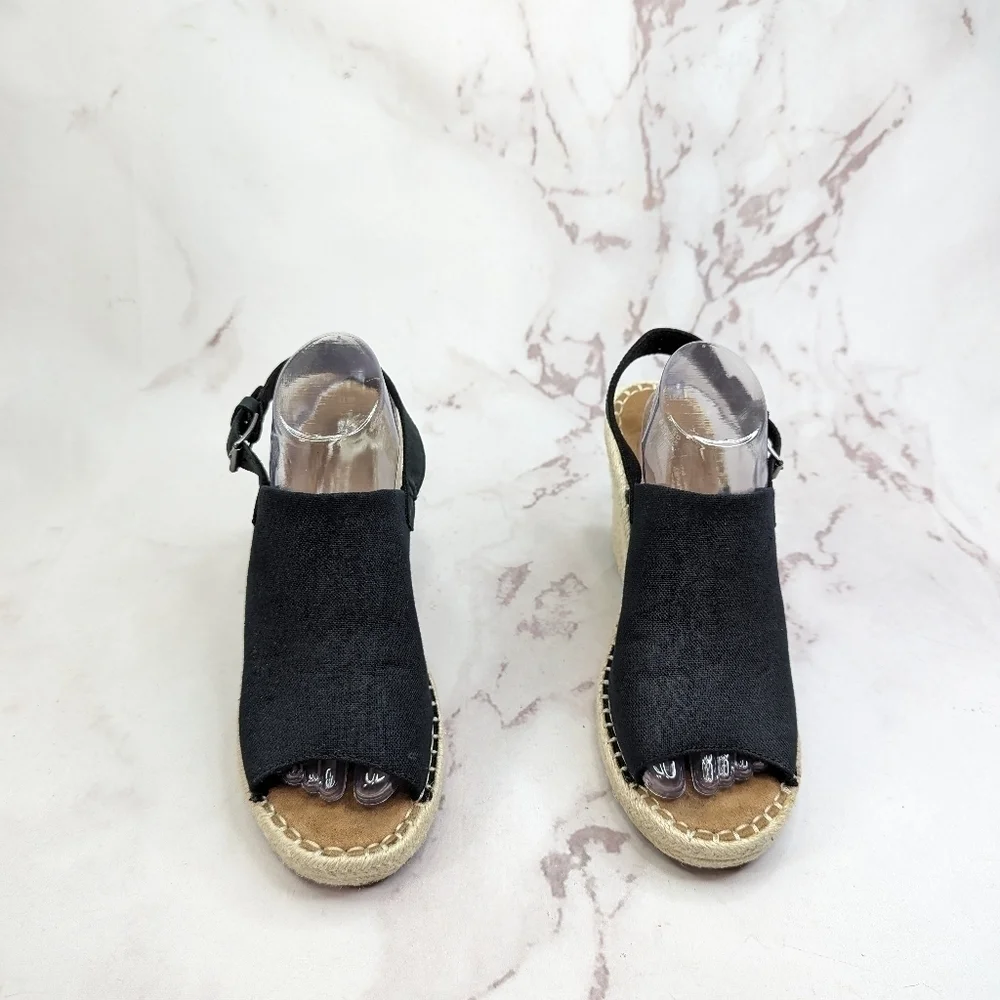Toms Wedge Women 11 Espadrille Black Platform Slingback Shoe Sandal Open Monica